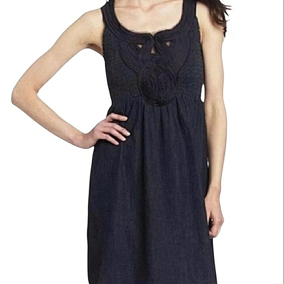 Calvin Klein Denim Sleeveless Mini Flare Dress Smocked Embroidered Mesh Large - Picture 1 of 11